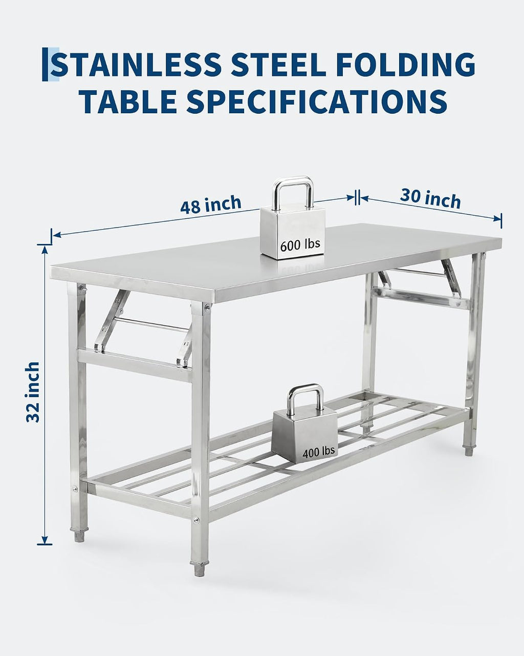 Commercial Stainless Steel Folding Table with Undershelf，48 x 30 Inch Heavy-Duty Kitchen Island Worktable Workstation for Food Prep, Restaurant, Catering & Home Use | Portable Work Table for Kitchen,