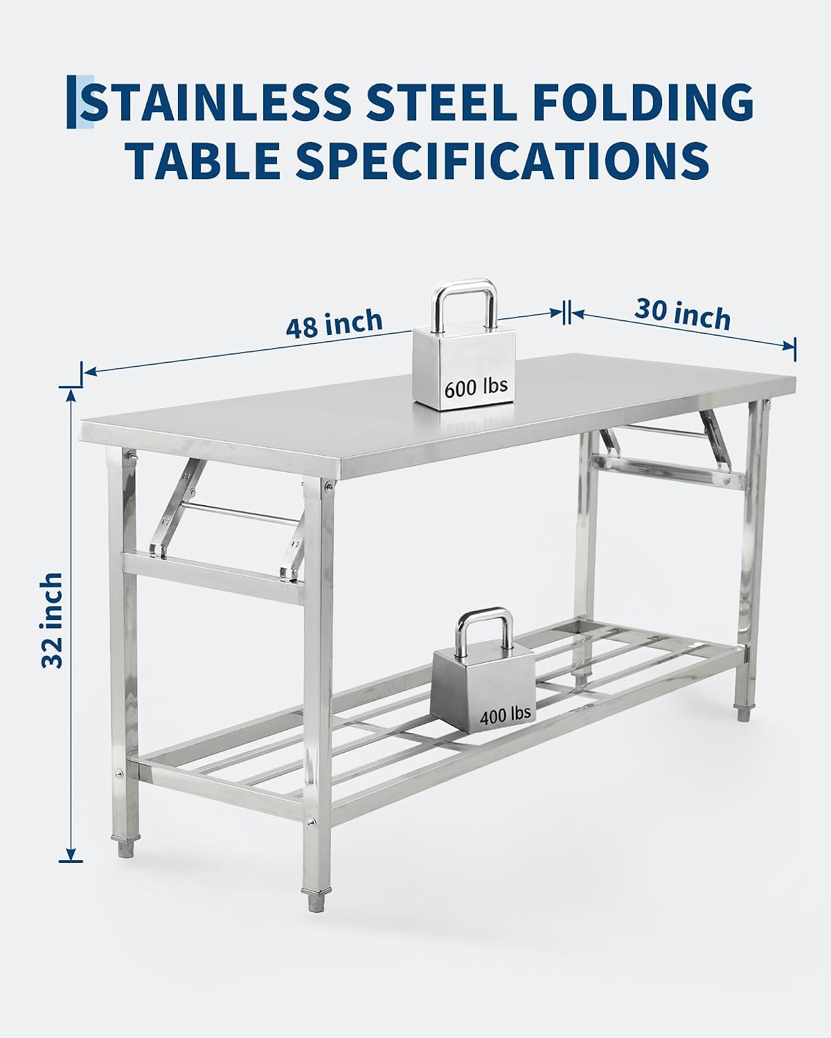Commercial Stainless Steel Folding Table with Undershelf，48 x 30 Inch Heavy-Duty Kitchen Island Worktable Workstation for Food Prep, Restaurant, Catering & Home Use | Portable Work Table for Kitchen,
