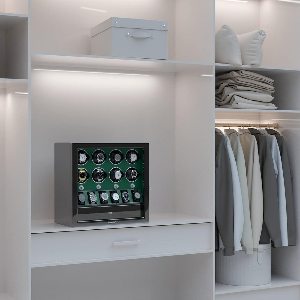 DUKWIN Watch Winder for 4/6/8 Automatic Watches, Lockable Winders with Watch Holders and Jewelry Storage, Super Quiet Motor with High-Gloss Finish, Built-in Illumination