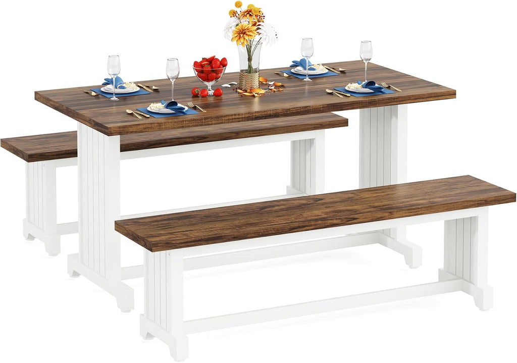 Tribesigns 47-Inch Small Dining Table Set for 2, 3-Piece Kitchen Table with 2 Benches, Farmhouse Wood Dinner Furniture for Narrow Space, Apartment, White & Rustic Brown