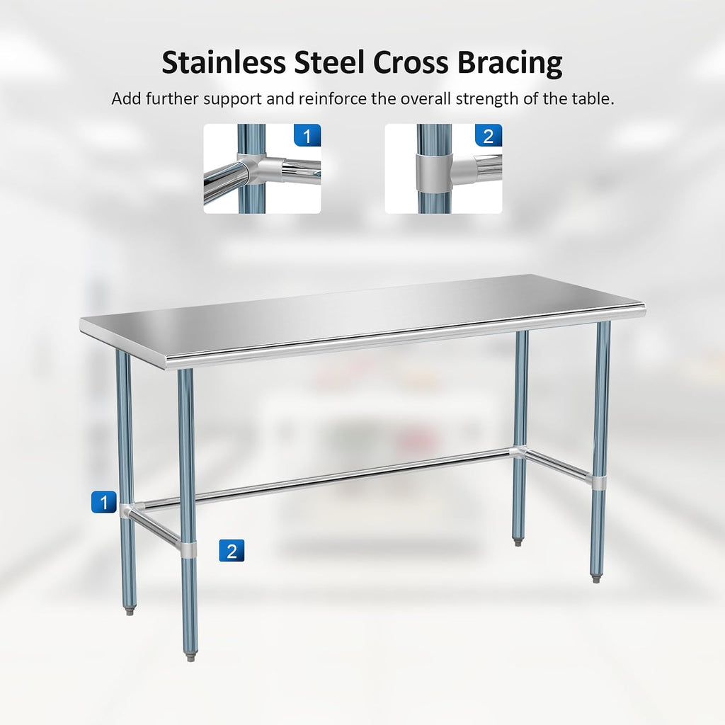ROVSUN 60' x 24' Stainless Steel Open Base Table, NSF Commercial Metal Table, Heavy Duty Prep & Work Table with Galvanized Legs for Home Kitchen, Restaurant,Hotel, Garage, Laundry, Utility