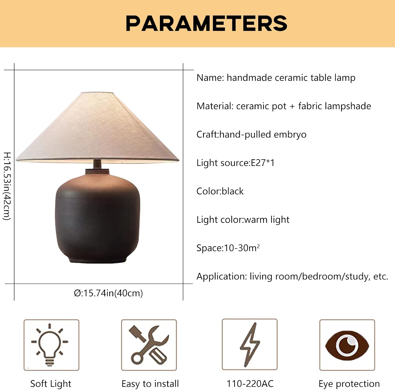 PURESILKS Modern Minimalist Table Lamps, Rustic Farmhouse Ceramic Table Lamp, 16.53' Tall Desk Lamp with Off-Black Linen Drum Lampshade Decor for Living Room Bedroom Bedside Nightstand (Black)