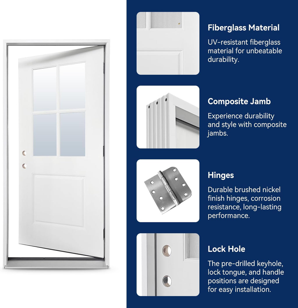 Fiberglass Prehung Door Unit, 36'x80' 4 Lite White, Right Hand Inswing | Sturdy, LVL Stiles, Soundproof, Thermal Insulated, Weather Resistant, Energy Efficient, Clear Glass