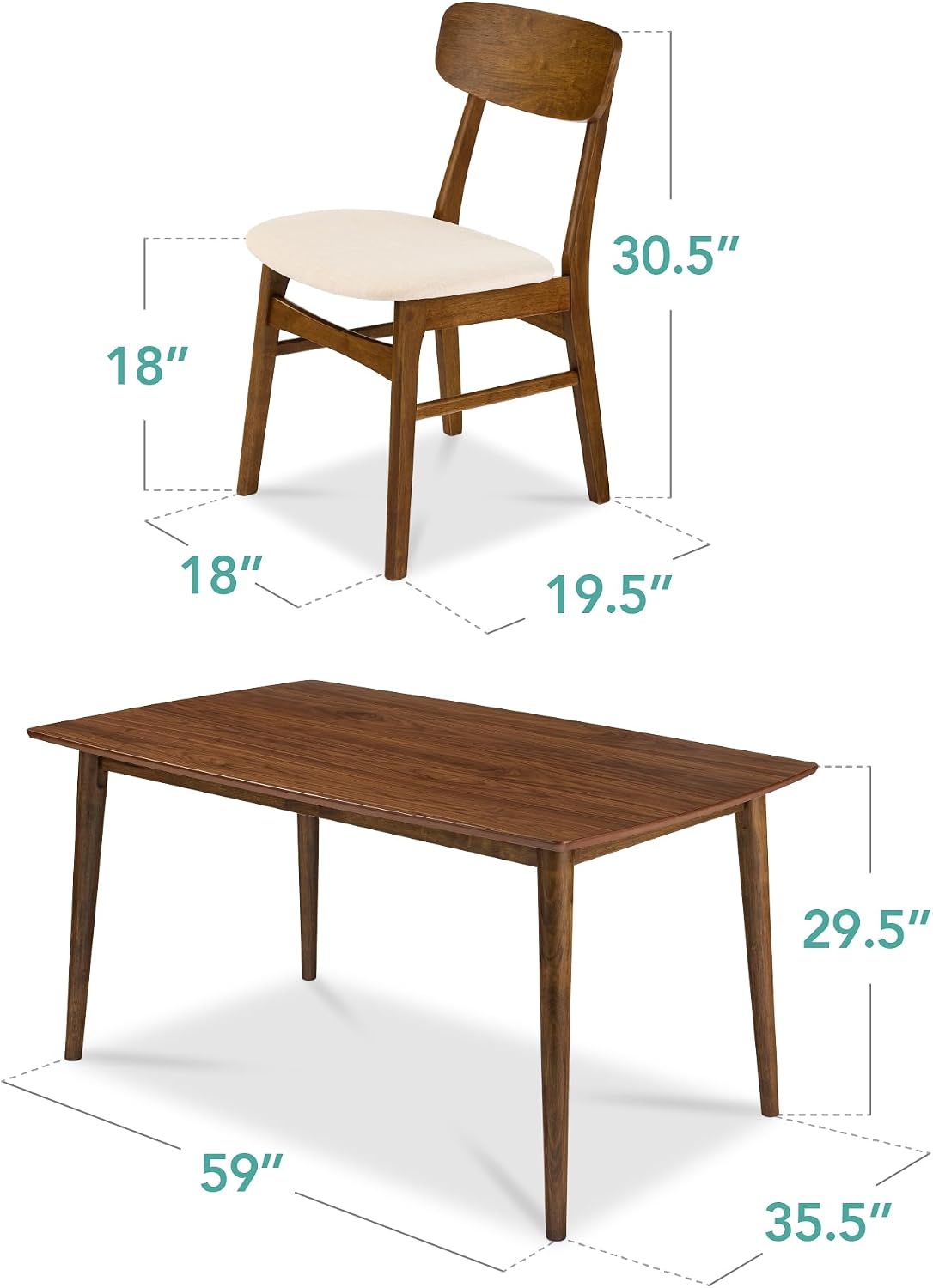 Best Choice Products 7-Piece Wooden Dining Room Table Set, Mid-Century Modern, Kitchen Table w/ 6 Chairs, Upholstered Cushions, Curved Backrests, Rounded Table Corners - Walnut/Cream