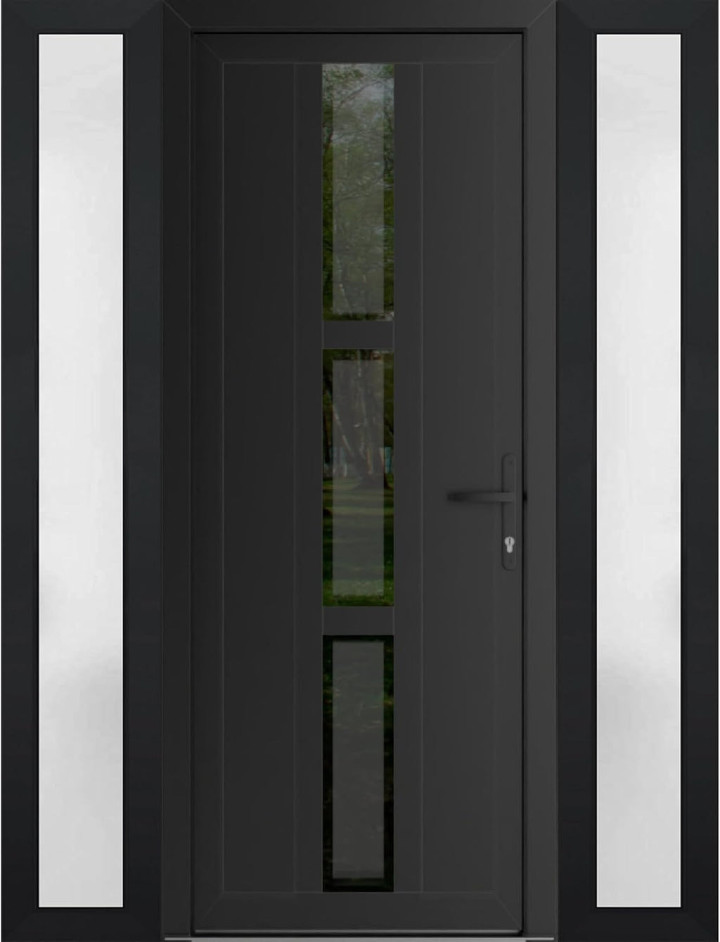 VDOMDOORS Front Exterior Prehung Metal-Plastic Door Mirrored-Clear Glass | Manux 8112 Matte Black | 2 Side Sidelite Transoms | Residential Doors Entrance Patio Garage 60 x 80 (W12+36+12 x H80) LH-I