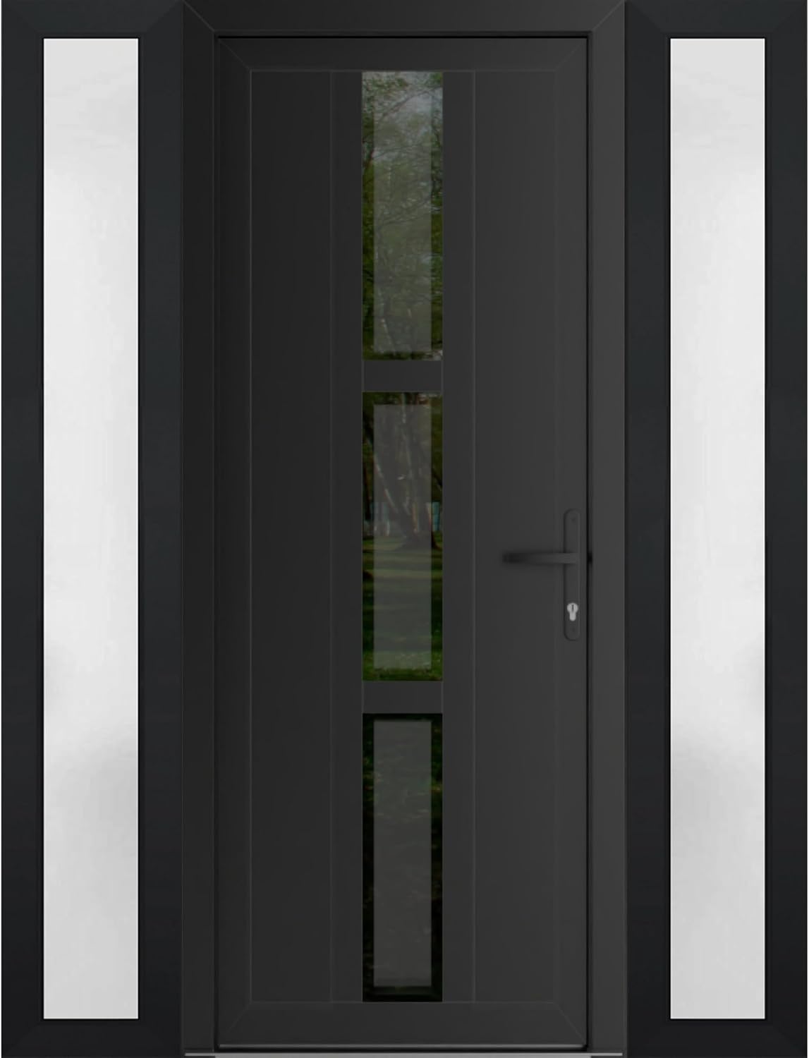 VDOMDOORS Front Exterior Prehung Metal-Plastic Door Mirrored-Clear Glass | Manux 8112 Matte Black | 2 Side Sidelite Transoms | Residential Doors Entrance Patio Garage 60 x 80 (W12+36+12 x H80) LH-I