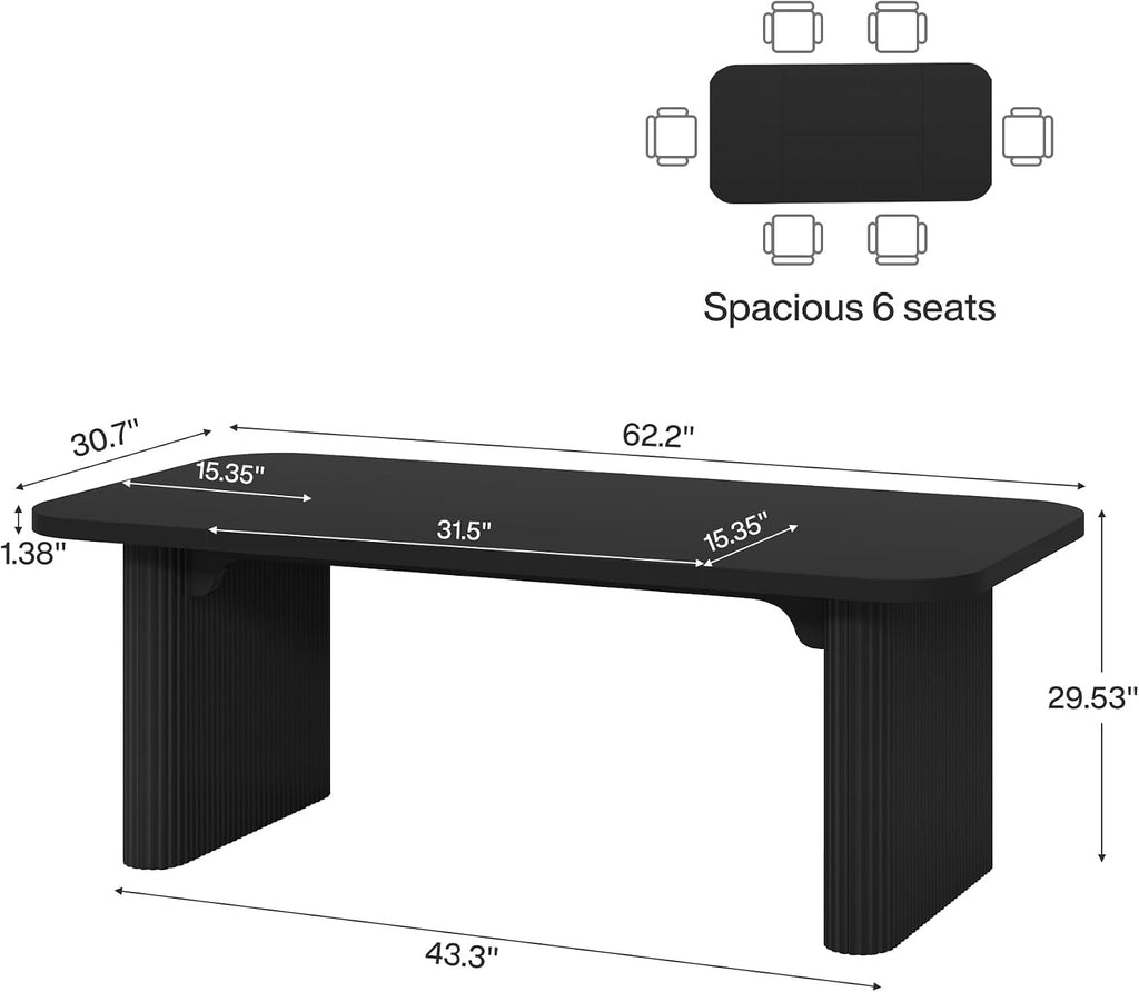 Tribesigns Modern Dining Table for 6 People, 62-Inch Black Kitchen Table with Double Robust Pedestal, Long Rectangle Wood Dinner Table for Dining Room, Coffee Black