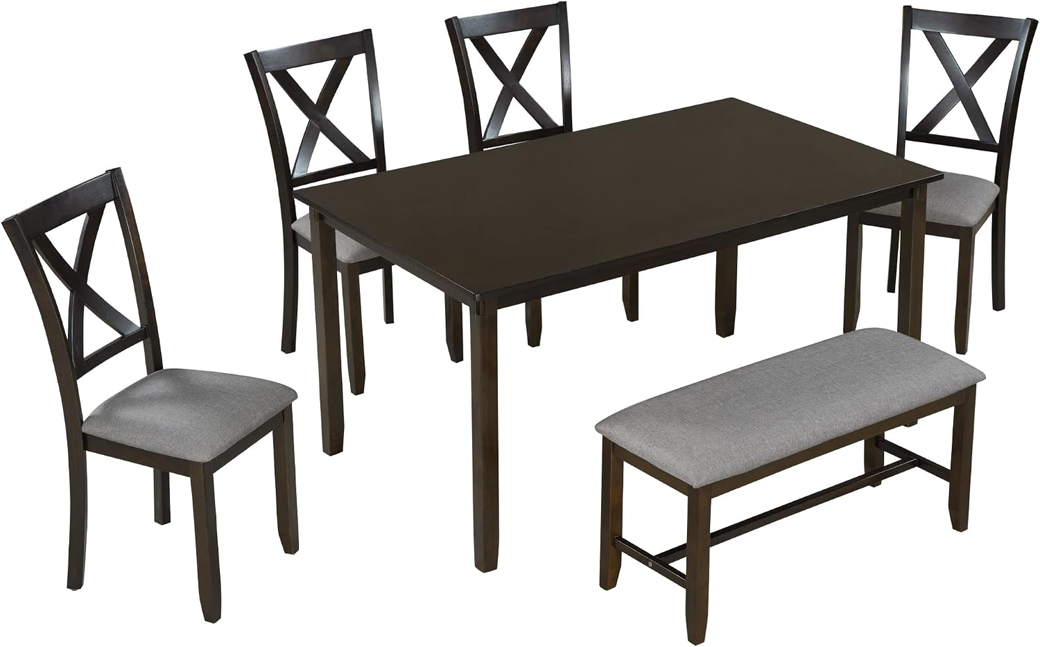 Merax 6 Piece Kitchen Dining Table Set, Wood Rectangular Table and 4 Dining Chairs with Cushions and 1 Bench with Cushion, Kitchen Dining Room Table Set for 6 (Espresso)
