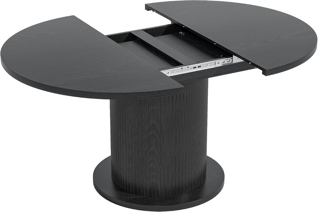 59 inch Round Dining Table for 6, Modern Farmhouse Kitchen Table, Circle Dining Tables with Wood Strip Base for Kitchen Living Room (Big Adjustable Black)