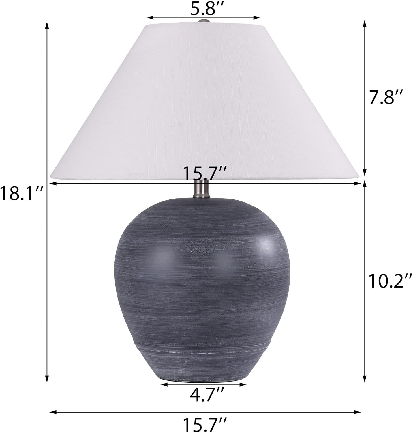 Pia Ricco 21'' Medium Size Black Glossy Ceramic Base Ceramic Basin Table Lamp Set of 2 for Bedroom, Living Room, Dining Room, Office, White Shade,White Striped Black Base