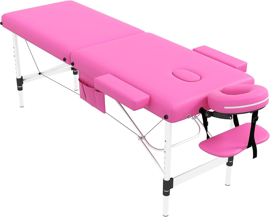 civama Massage Table Massage Bed Portable, 26 LBs Light Weight Foldable Tattoo Facial Care Spa Lash Bed Aluminum Frame with Accessories Carrying Bag, Pink