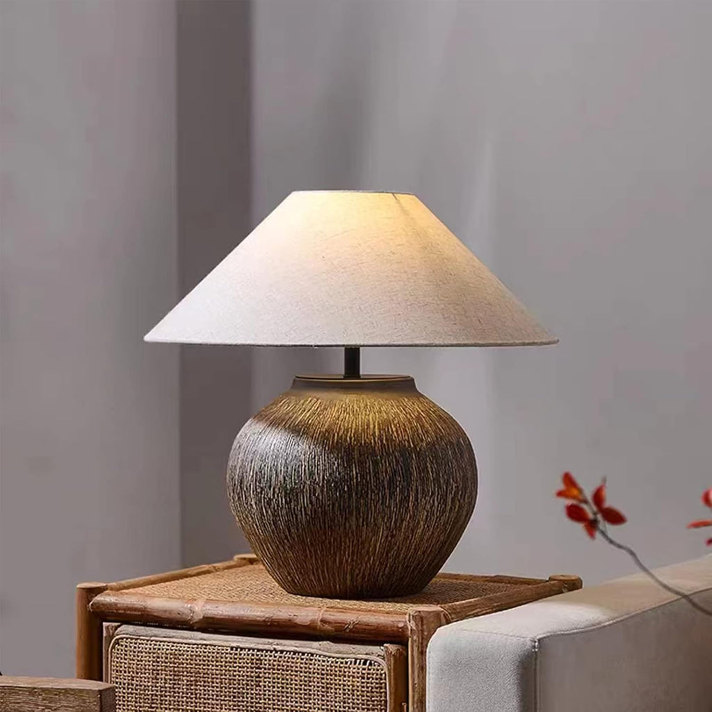 PURESILKS Farmhouse Hammered Pot Table Lamp, Rustic Handmade Ceramic Table Lamp,20.86' Tall Desk Lamp Country Style with Linen Drum Lampshade for Living Room Bedroom Nightstand Home Office