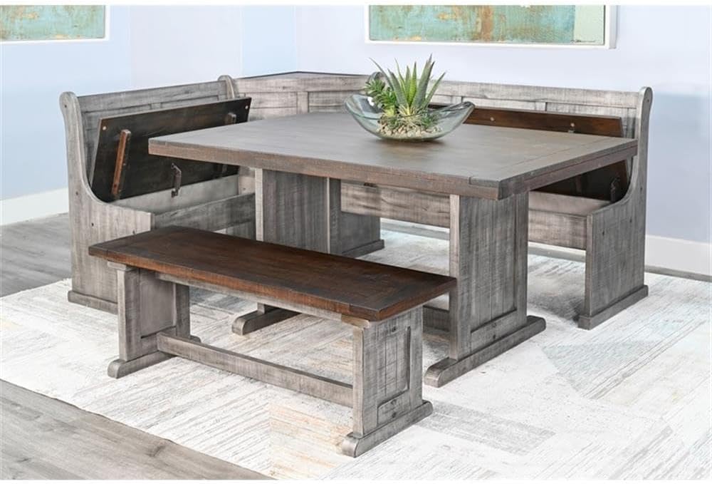 Pemberly Row 3-Piece Traditional Solid Wood Breakfast Nook Set with Table, Storage Space, Foldable Corner Shelf, Fit Any Space Blending Style and Function, in Gray & Brown Finish