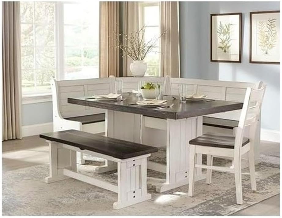 Pemberly Row 4-Piece Farmhouse Wood Breakfast Nook Set with Hidden Storage, Reversible Seating, Great for Small Spaces, in White & Brown Finish