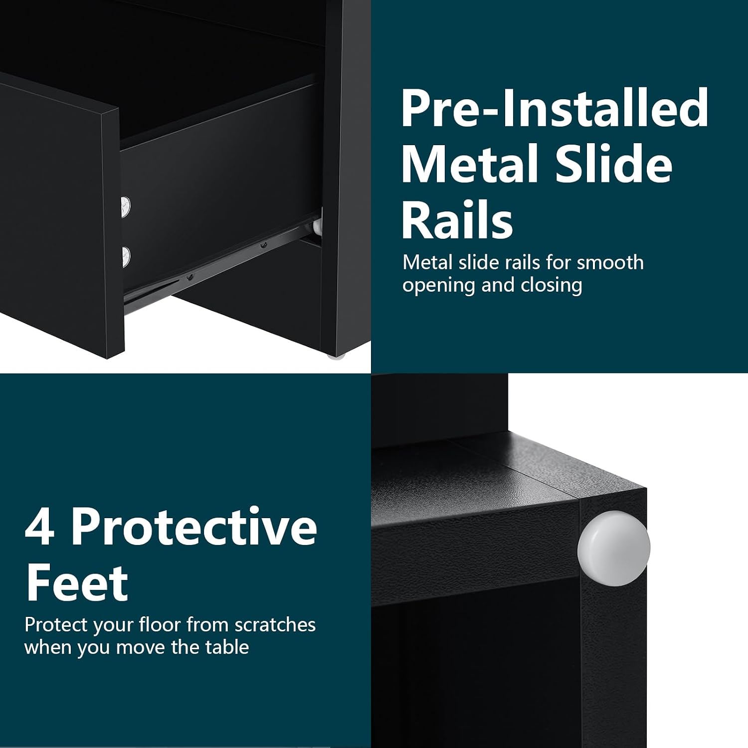HOMMPA Set of 2 Open Shelf LED Nightstand with Charging Station 2 Drawers Bedside Table Black Night Stand with Storage Smart Nightstands High Gloss Night Table with Led Light for Bedroom Furniture
