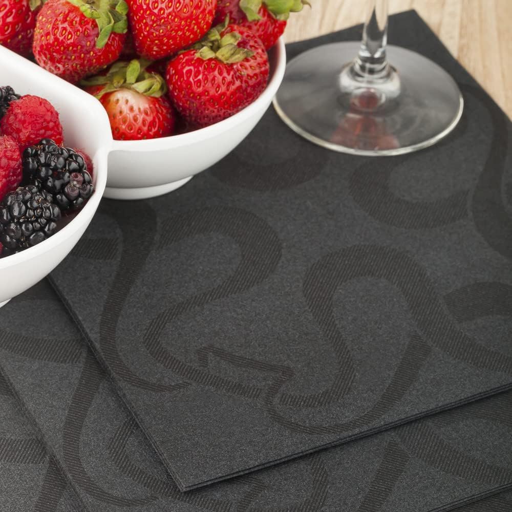 Restaurantware Luxenap 15.75 Inch Disposable Napkins 600 Soft Linen Like Napkins - Absorbent Air Laid Black With Vintage Pattern Paper Cloth Like Napkins Pre-folded For Dinner Party Guests