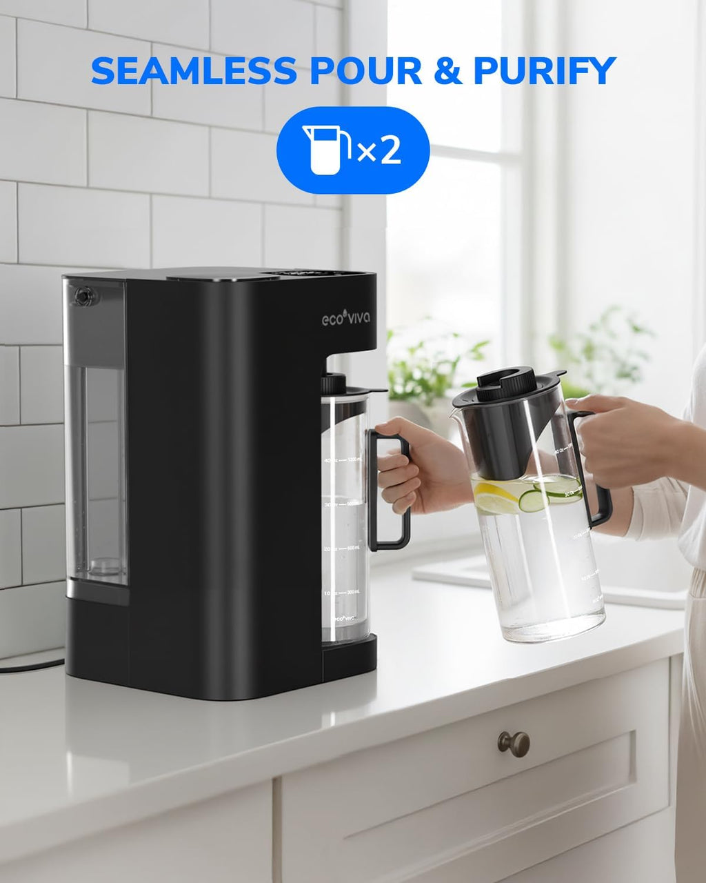 Ecoviva Mate 3 UV Countertop Reverse Osmosis Water Filter with 2 Auto-Fill Pitchers, 9-Stage RO Filtration System, Installation-Free, Reduces TDS, 3:1 Pure-to-Drain Ratio, Home & Kitchen, Black