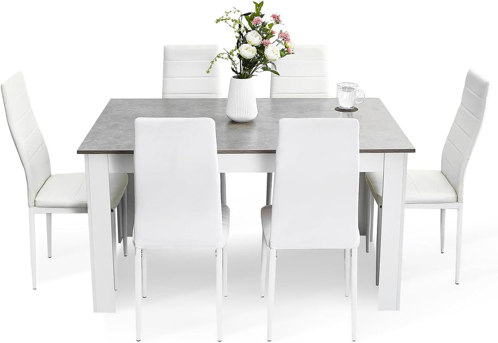 Mondeer Dining Table and Chairs Set 6, 7 Pieces Kitchen Table Set with High Back Faux Leather Chair for Dining Room Kitchen Rectangular Modern (Grey Table White Chairs)