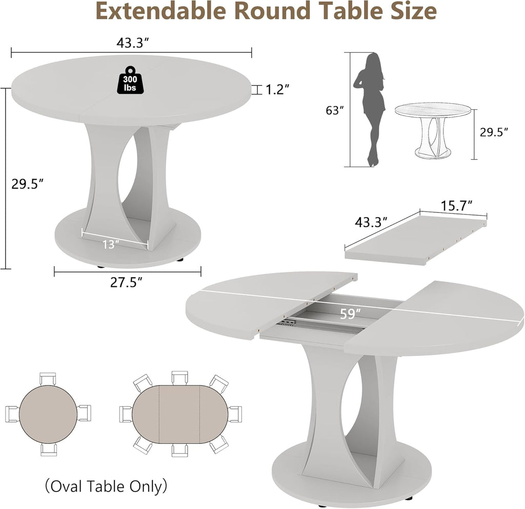 Einhomn 59' Extendable Round Dining Table for 6-8, Kitchen Table with Sturdy Double Arc Base & Backboard Clasp Desktop, Mid-Century Modern Dinner Table, Kitchen Dining Room, Space Saving, White