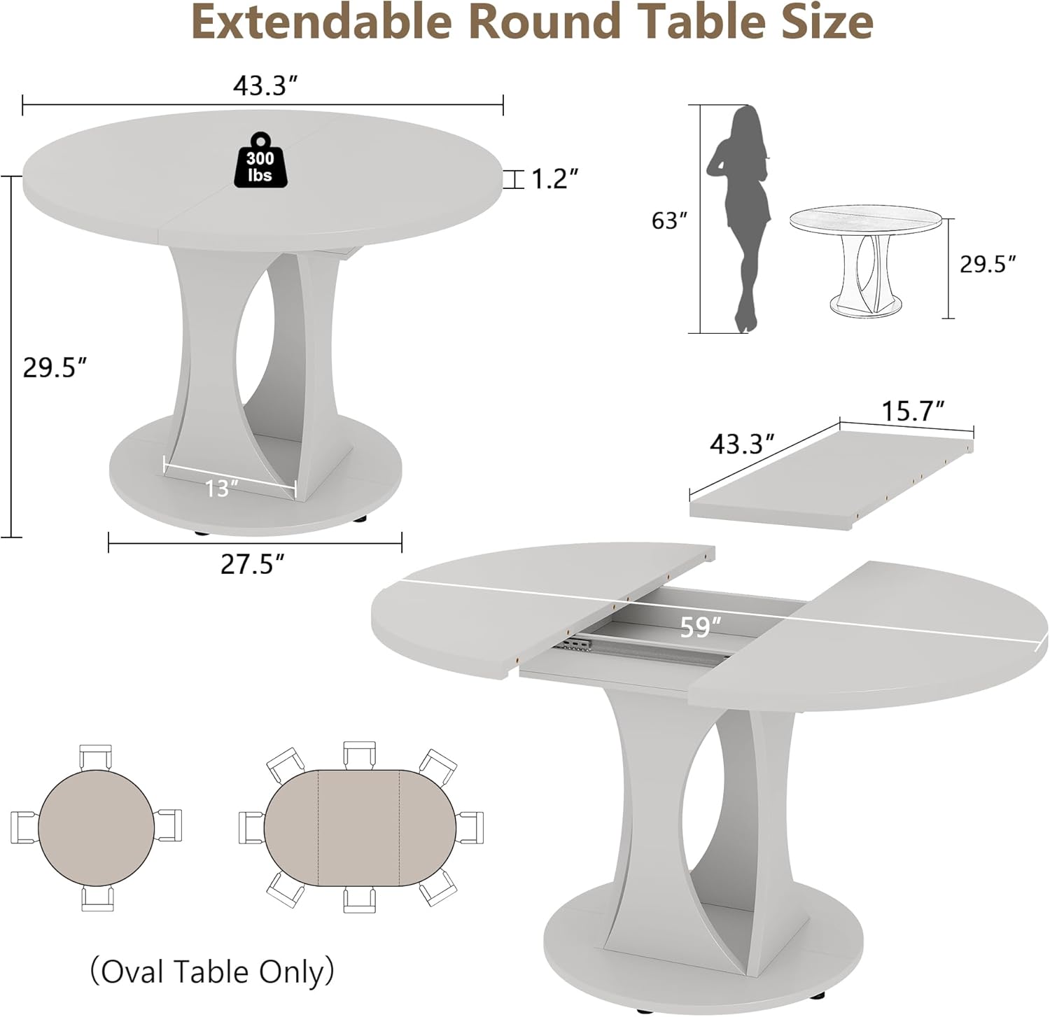 Einhomn 59' Extendable Round Dining Table for 6-8, Kitchen Table with Sturdy Double Arc Base & Backboard Clasp Desktop, Mid-Century Modern Dinner Table, Kitchen Dining Room, Space Saving, White