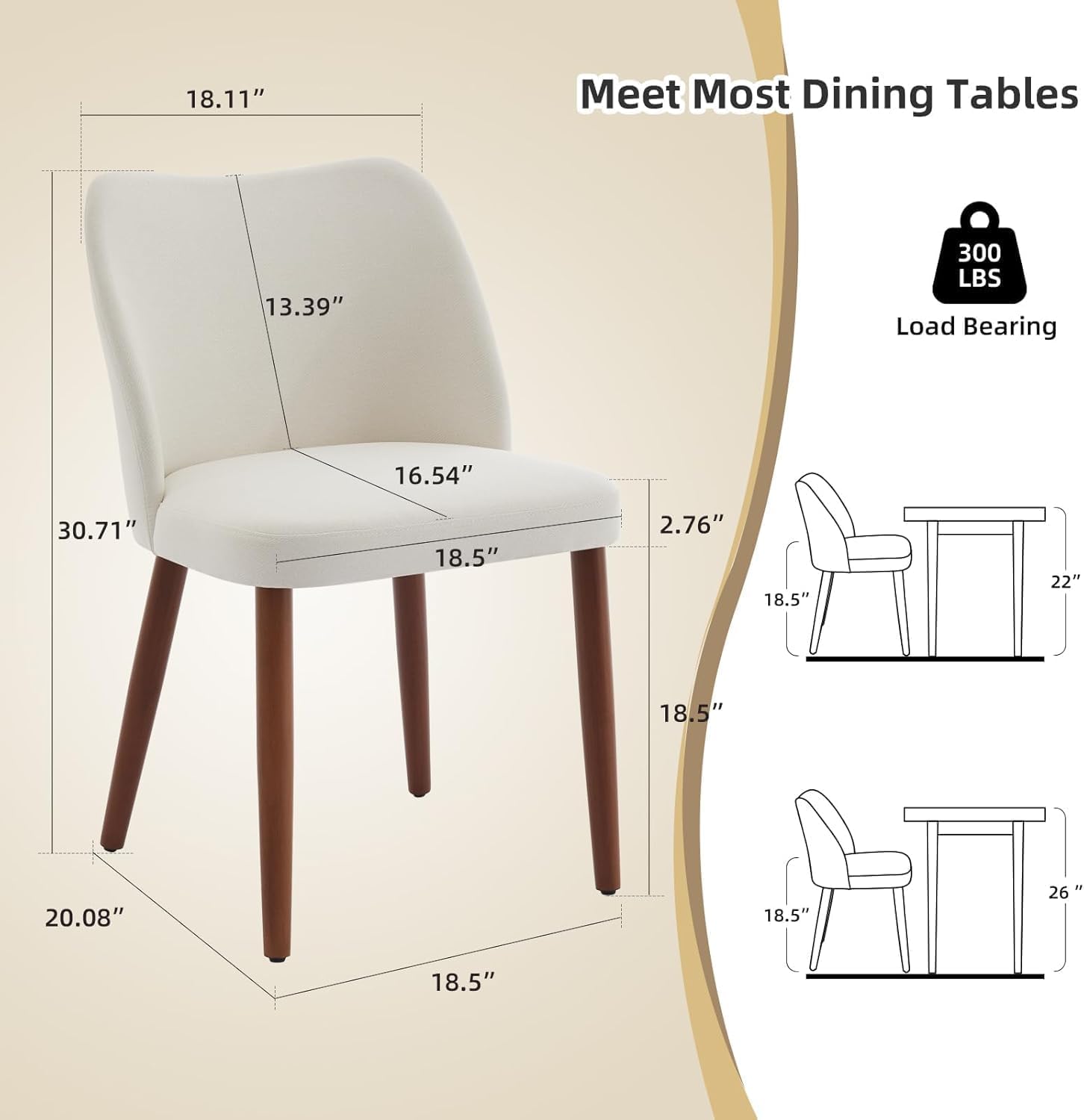 Wooden Dining Chairs Set of 4,Farmhouse Kitchen Chairs with Curved Back,Modern Fabric Upholstered Chairs for Dining Room, Cream