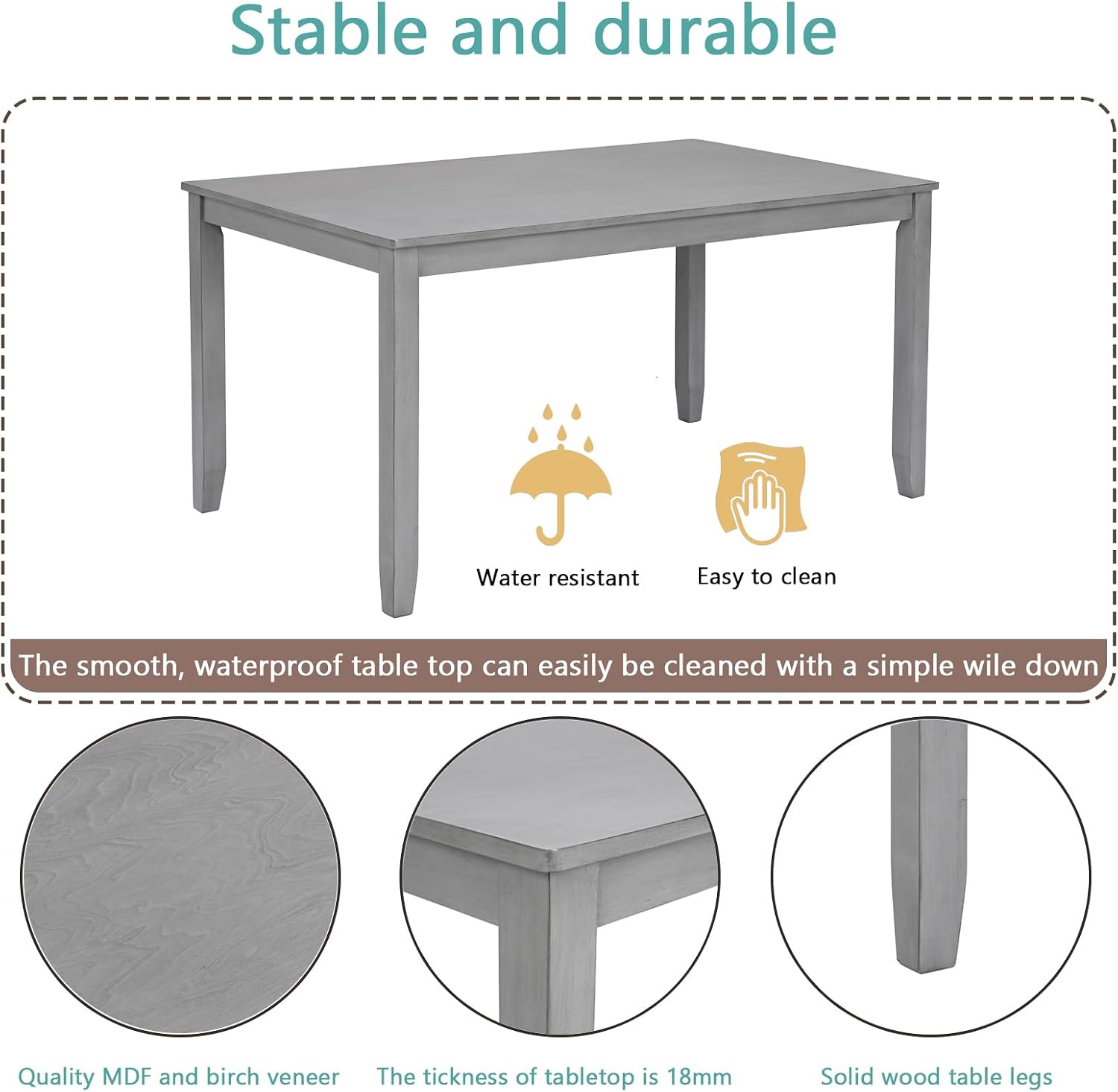 Harper & Bright Designs 6-Piece Dining Table Set with 4 Upholstered Chairs & Bench, 58.5' Rectangular Solid Wood Frame Table, Dining Table Set for 6 People, Living Room, Home Bar and Kitchen,Grey