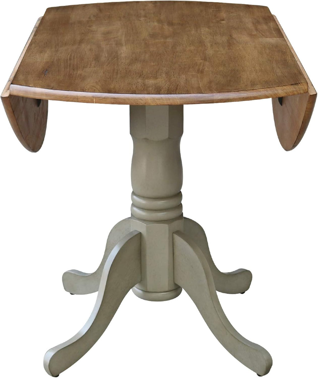 IC International Concepts, 42' Round Dual Drop Leaf Pedestal Dining Table, Solid Real Wood, Sturdy Parawood, Distressed Hickory/Stone