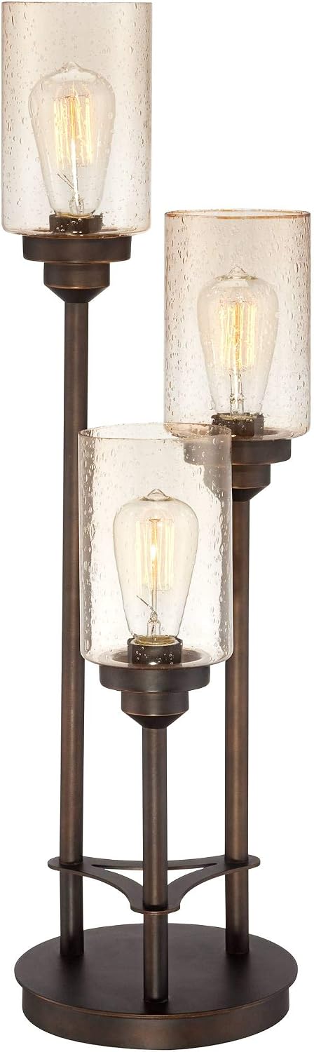 Franklin Iron Works Libby Modern Industrial Rustic Farmhouse Table Lamp 30' Tall Full Size Bronze Metal 3-Light LED Amber Seeded Cylinder Glass for Living Room Bedroom House Bedside Nightstand