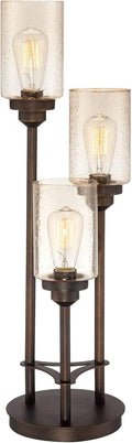 Franklin Iron Works Libby Modern Industrial Rustic Farmhouse Table Lamp 30' Tall Full Size Bronze Metal 3-Light LED Amber Seeded Cylinder Glass for Living Room Bedroom House Bedside Nightstand