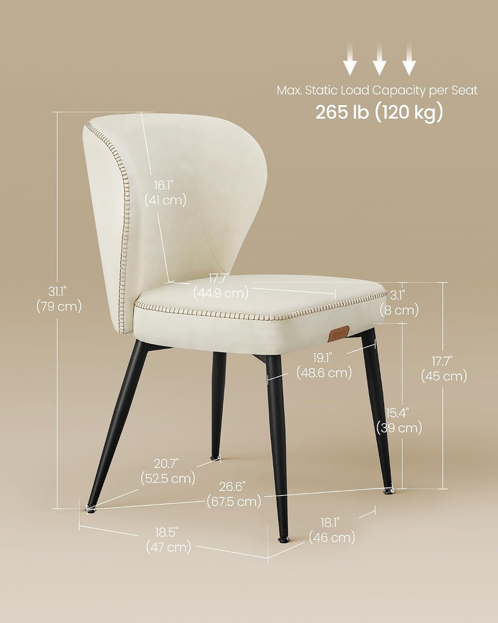 VASAGLE EKHO Collection - Dining Chairs Set of 2, Upholstered Kitchen Chairs, Comfortable Seat, Synthetic Leather with Stitching, Mid-Century Modern, Easy Assembly, Living Room Lounge, Cream White