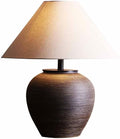 19.6'' Farmhouse Round Ceramic Table Lamp Rustic Retro Desk Lamp Brown Check Body with Off-White Fabric Shade Bedside Nightstand for Living Room Bedroom Home Office
