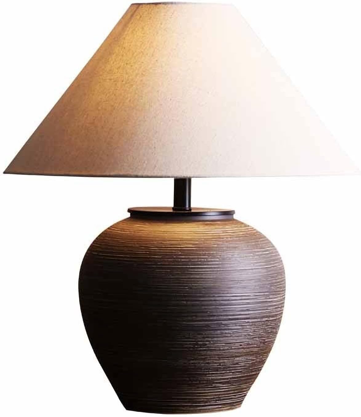 19.6'' Farmhouse Round Ceramic Table Lamp Rustic Retro Desk Lamp Brown Check Body with Off-White Fabric Shade Bedside Nightstand for Living Room Bedroom Home Office