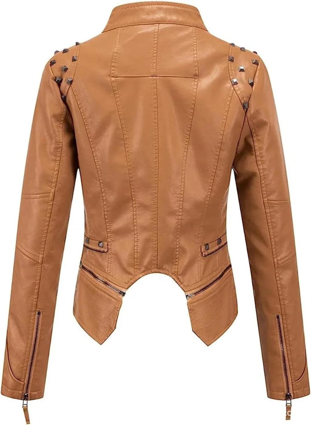 Women Lapel Rivets Decorated Waist Short Washed PU Leather Jacket