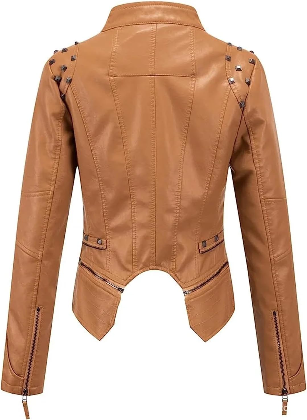 Women Lapel Rivets Decorated Waist Short Washed PU Leather Jacket