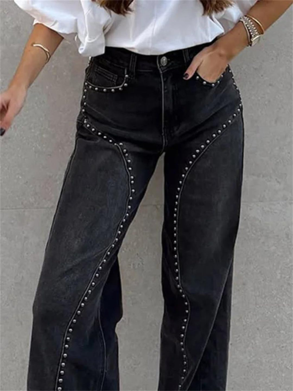 Women Studded Denim Straight Pants High Waist Hip Package Metal Rivets Design Trousers Club Wear Style