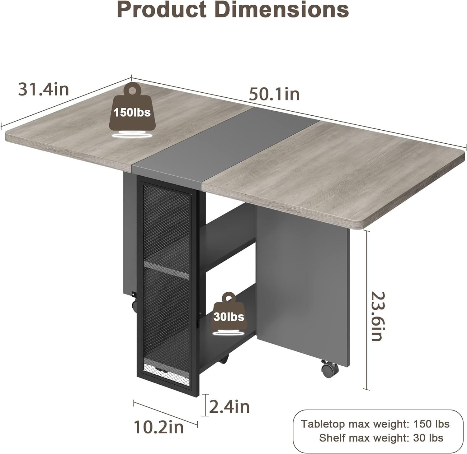 GarveeHome Folding Dining Table, Space Saving Farmhouse Dining Table for 4 Storage Shelf, 6 Wheels Multipose Expandable Kitchen Drop Leaf Table for Small Spac