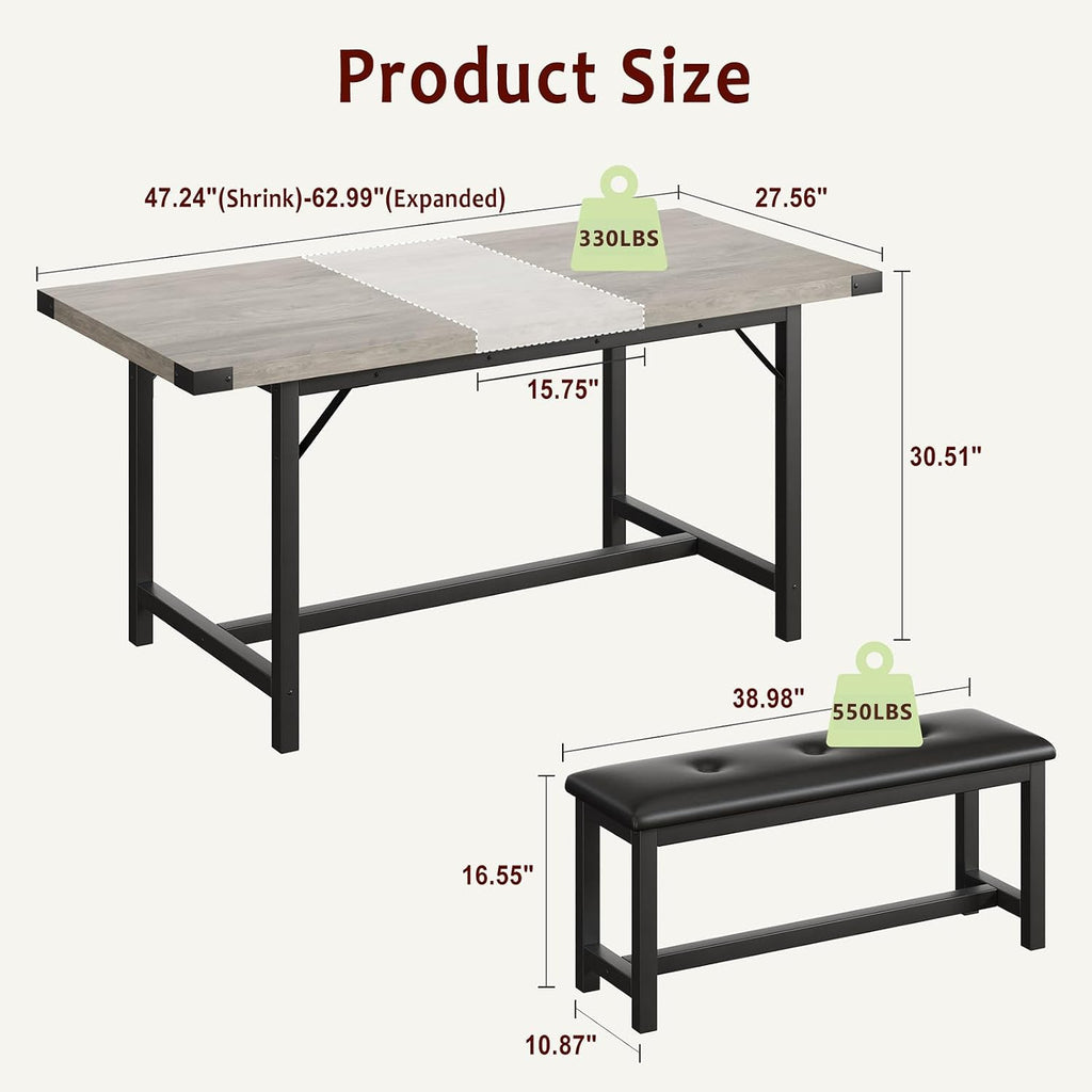 GAOMON Dining Table Set for 4-8, 63' Rectangular Wooden Extendable Kitchen Table with 2 Upholstered Benches & 4 Metal Corner Protectors, Small Dining Set & Sturdy Metal Frame, Space Saving, Retro Gray