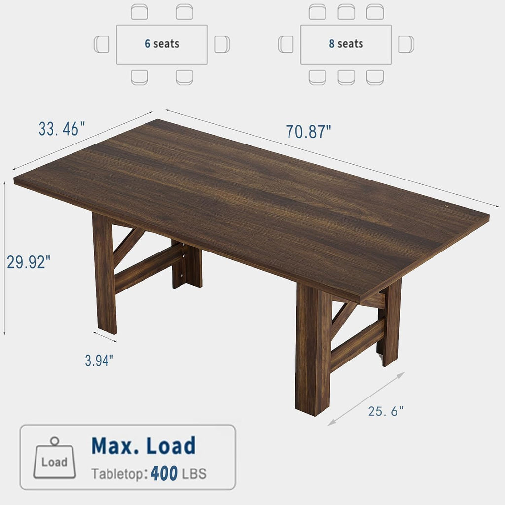 Garvee Wood Farmhouse Dining Table for 6-8, Heavy Duty Large Kitchen Table, 70.87' Long Rectangular Dining Room Tables with Strong Legs, Thickness Tabletop, for Big Family, Dinette, Rustic Black