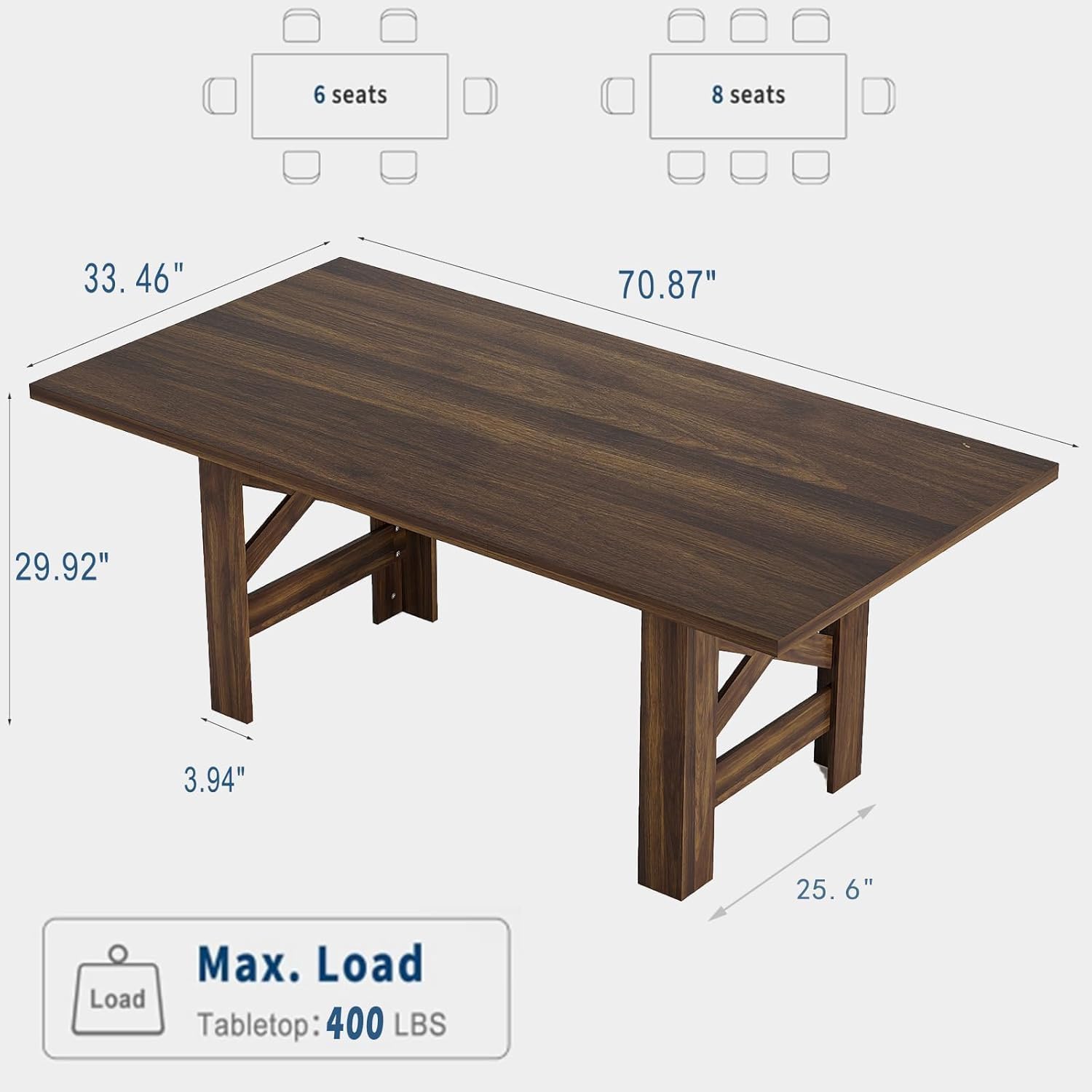 Garvee Wood Farmhouse Dining Table for 6-8, Heavy Duty Large Kitchen Table, 70.87' Long Rectangular Dining Room Tables with Strong Legs, Thickness Tabletop, for Big Family, Dinette, Rustic Black