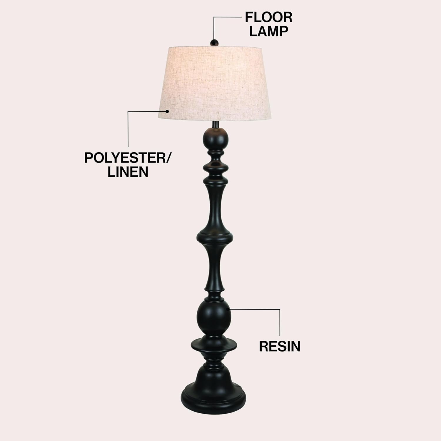 JONATHAN Y 67' Black Resin Candlestick Floor Lamp Farmhouse Rustic Traditional Standing Lamp for Living Room with Beige Linen Empire Shade LED Bulb Included JYL3000B