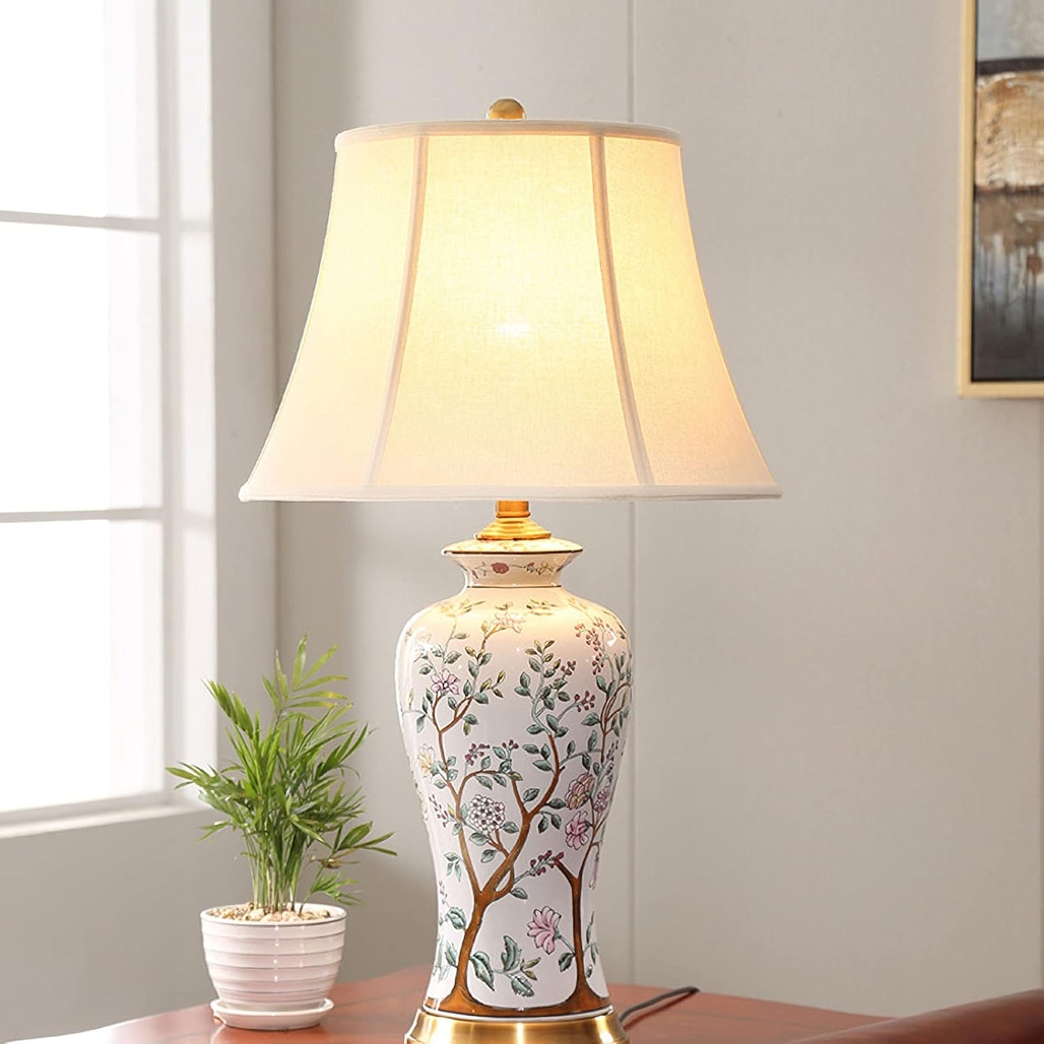 Twig Ceramic Table Lamp, Rustic Vintage White 27.5' Tall Coastal Bedside lamp, Ceramic Lamp Body with Fabric Tapered Drum Shade for Living Room Bedroom House Bedside Nightstand Home