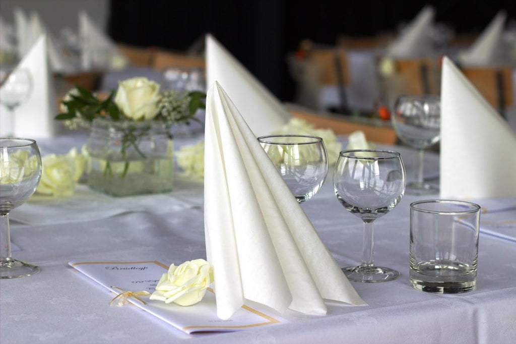 96 pieces Milliken White Dinner Napkins for Banquets & Restaurants, Commercial Grade 100% Polyester with Soft Cotton Touch, 20'x20', Made in USA, Bulk Packed