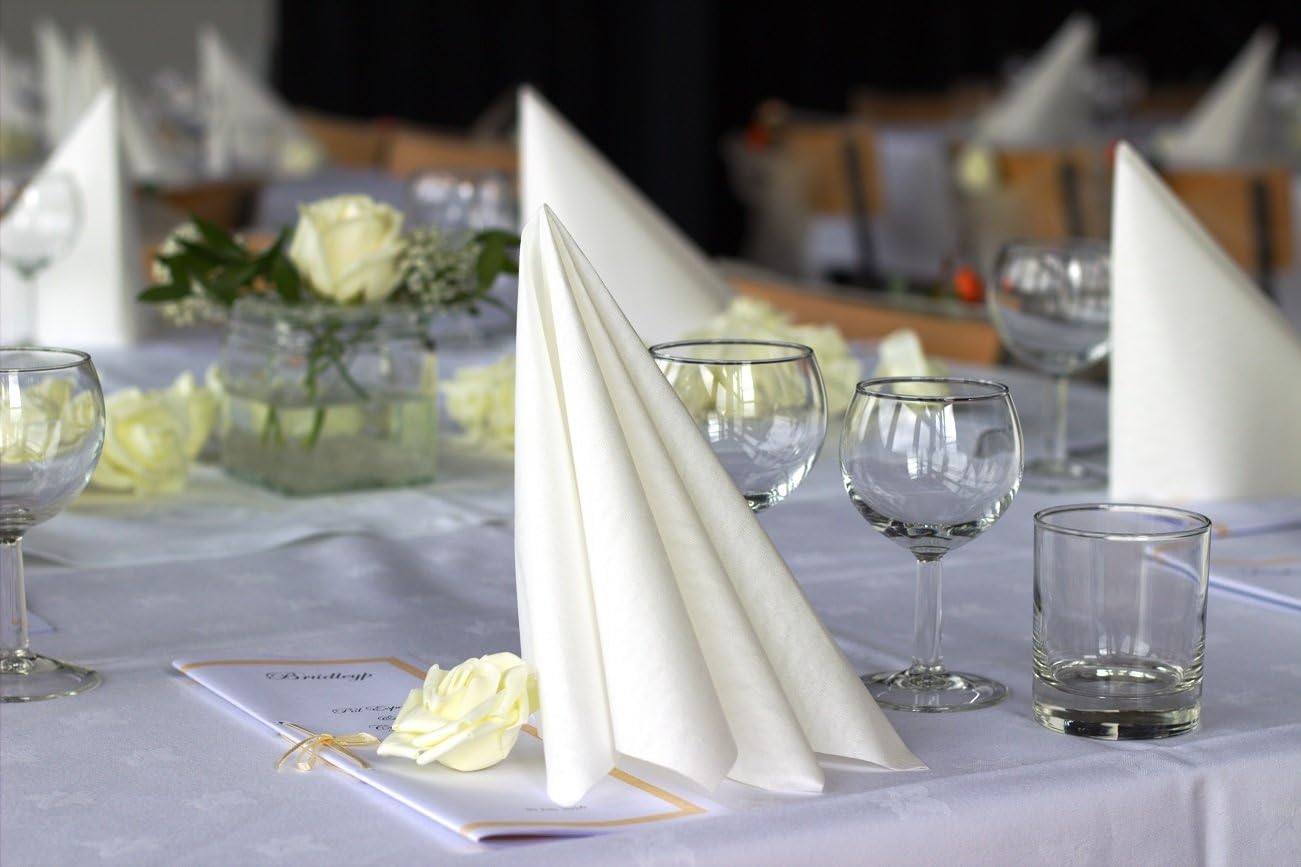 96 pieces Milliken White Dinner Napkins for Banquets & Restaurants, Commercial Grade 100% Polyester with Soft Cotton Touch, 20'x20', Made in USA, Bulk Packed