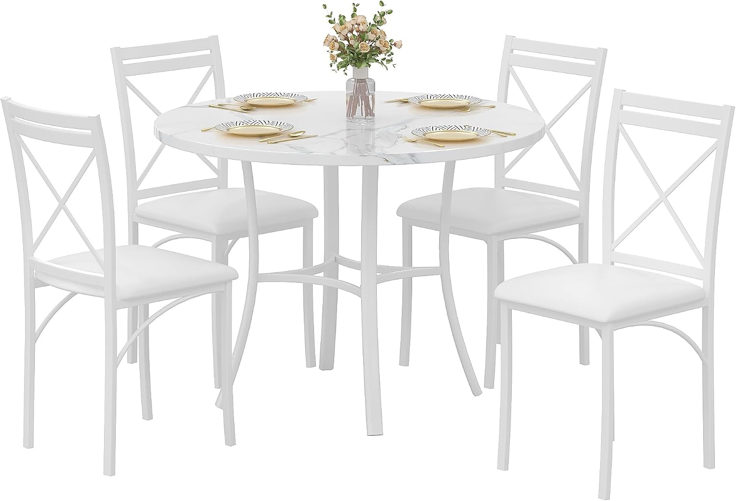 VECELO 5 Piece Dining Table Set for 4, Faux Marble Dinette with Chairs for Kitchen, Breakfast Nook, Small Space, Off White