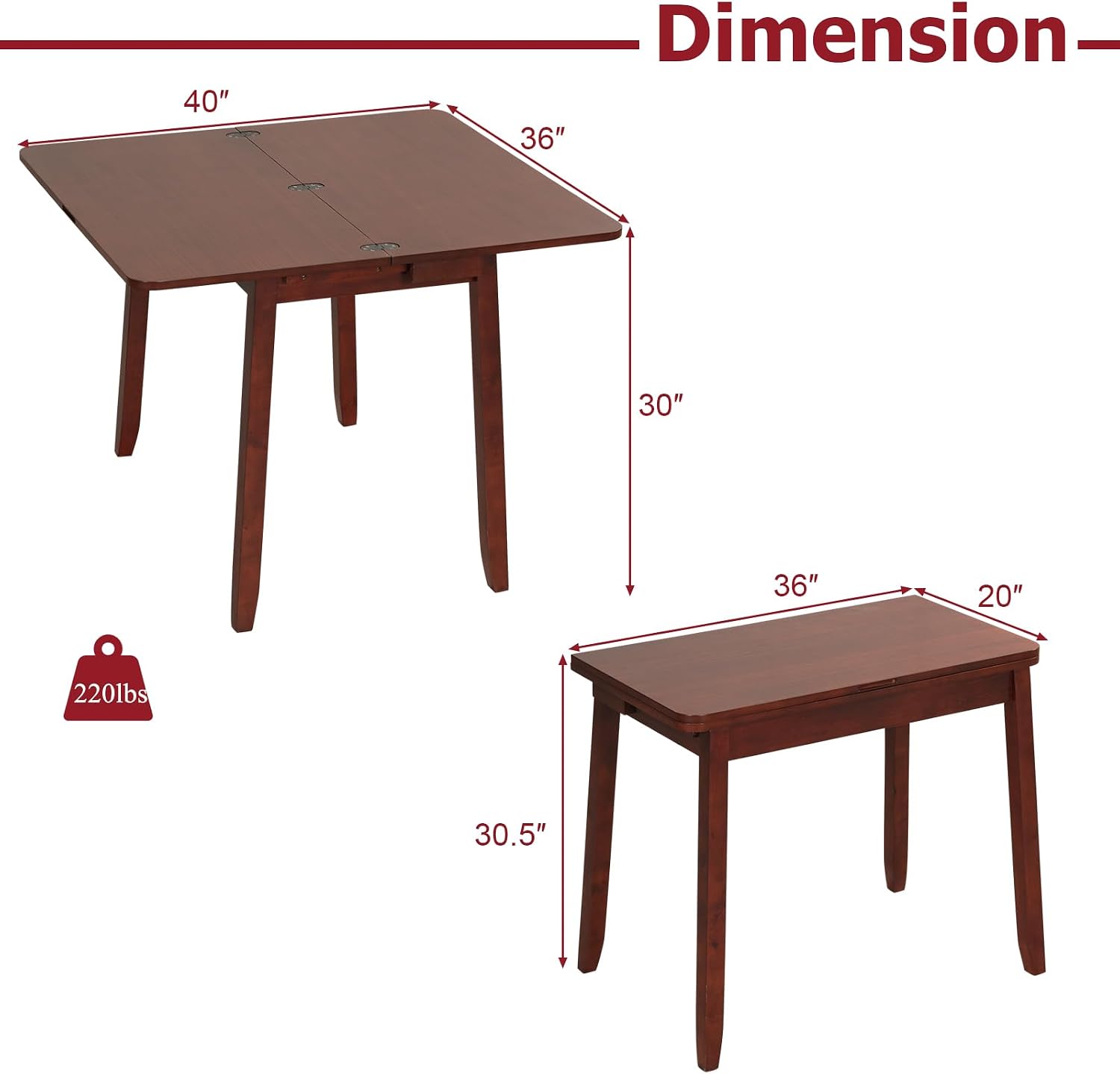 Tangkula 40' Foldable Dining Table, Kitchen Table w/Solid Rubber Wood Legs, Dual Drop Leaf Design, Farmhouse Diner Table for 2-4 People, Dining Room, Living Room, Restaurant (Rectangle)