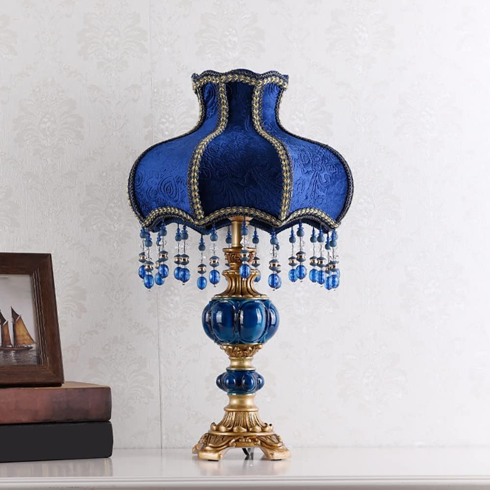 Meefad Victorian Table Lamp, Vintage Bedside Lamp with Beaded Fringe, Handpainted Resin Base, Elegant Night Light Accent Lamp for Bedroom Reading Nightstand (Dark Blue)