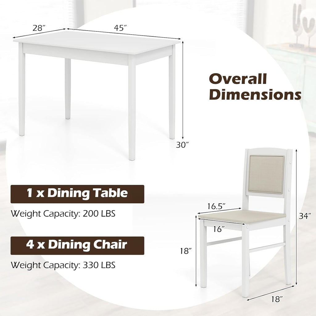 Tangkula Dining Table Set for 4, Farmhouse Solid Wood Dinette Set w/Rubber Wood Legs, Upholstered Seat & Padded Backrest, Mid-Century Modern Dining Table and Chairs Set for Kitchen, Dining Room
