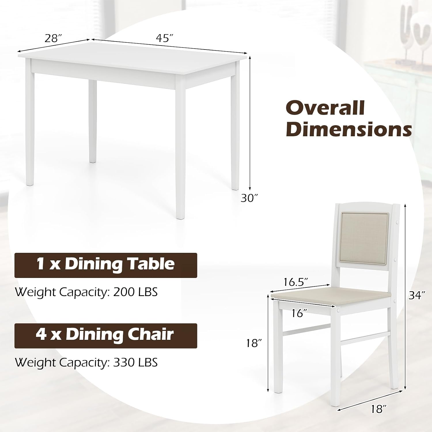 Tangkula Dining Table Set for 4, Farmhouse Solid Wood Dinette Set w/Rubber Wood Legs, Upholstered Seat & Padded Backrest, Mid-Century Modern Dining Table and Chairs Set for Kitchen, Dining Room