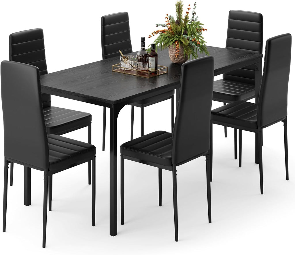 Gizoon Dining Table Set for 6, Kitchen Table Chairs Set of 6, 7 Piece Kitchen Table Set with 6 Upholstered PU Leather Chairs for Dining Room, Living Room, Apartment, Small Space, Black