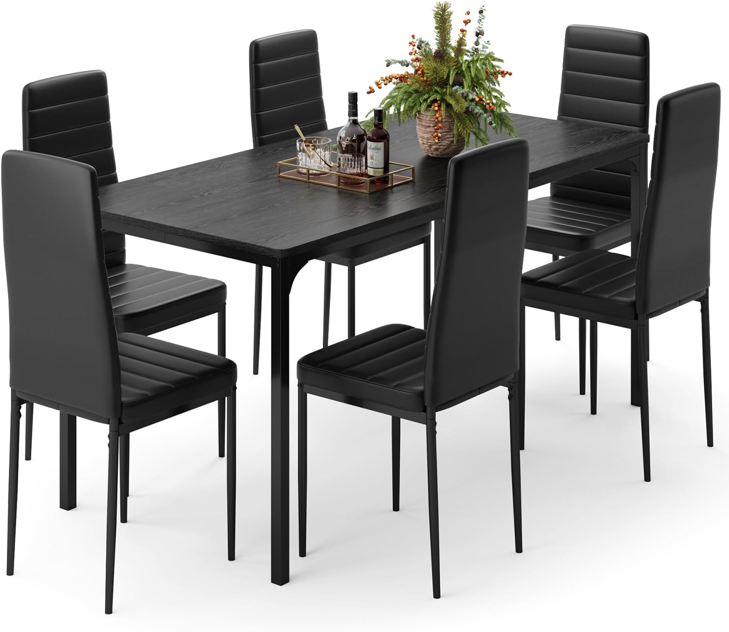 Gizoon Dining Table Set for 6, Kitchen Table Chairs Set of 6, 7 Piece Kitchen Table Set with 6 Upholstered PU Leather Chairs for Dining Room, Living Room, Apartment, Small Space, Black